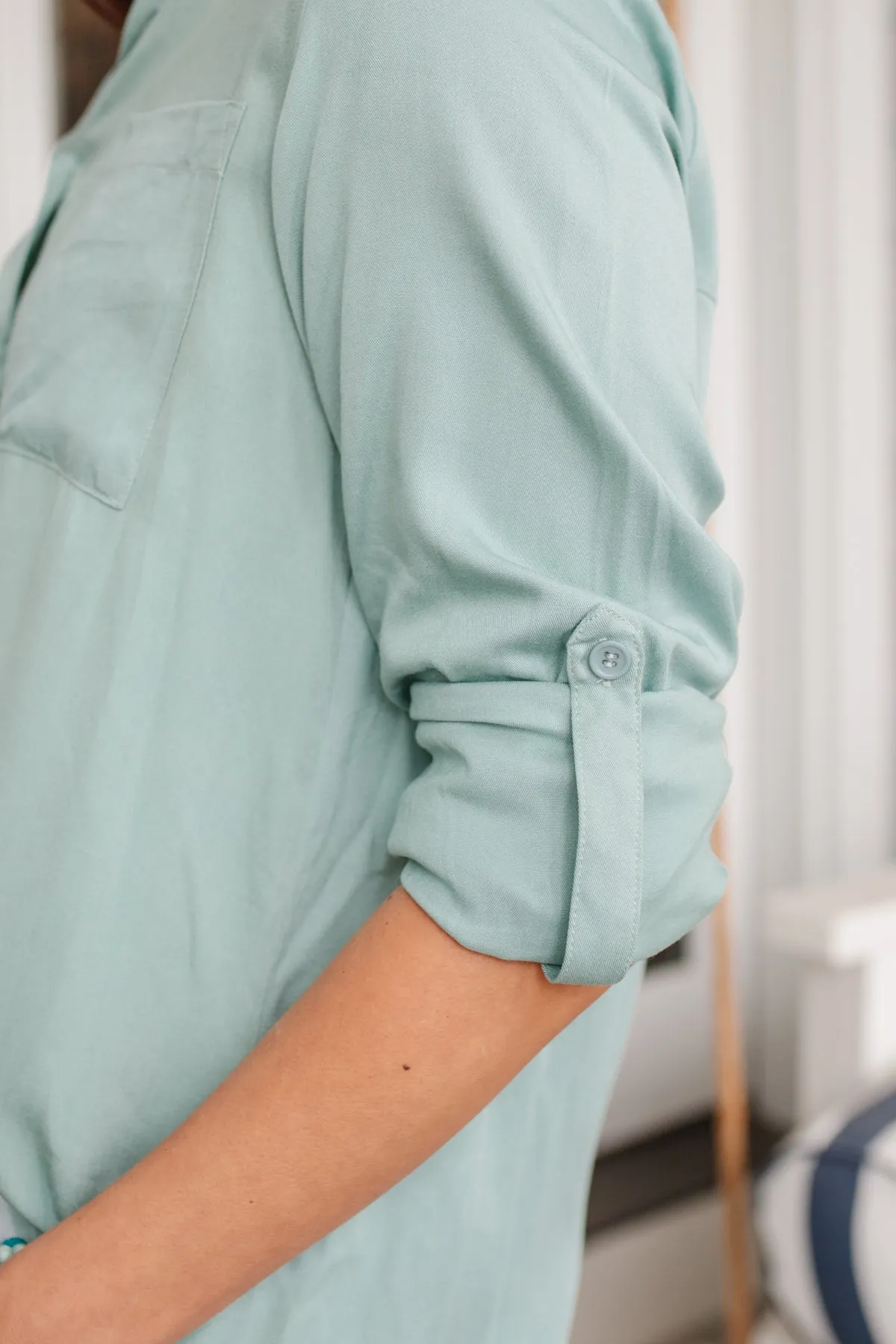 Button Up Roll Tab Sleeves Light Blue/Green Blouse by 143 STORY
