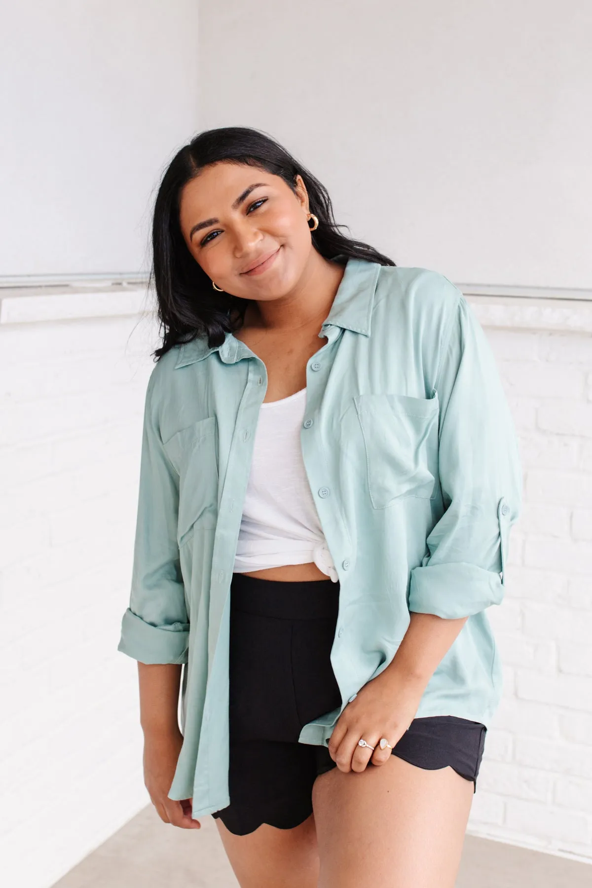 Button Up Roll Tab Sleeves Light Blue/Green Blouse by 143 STORY