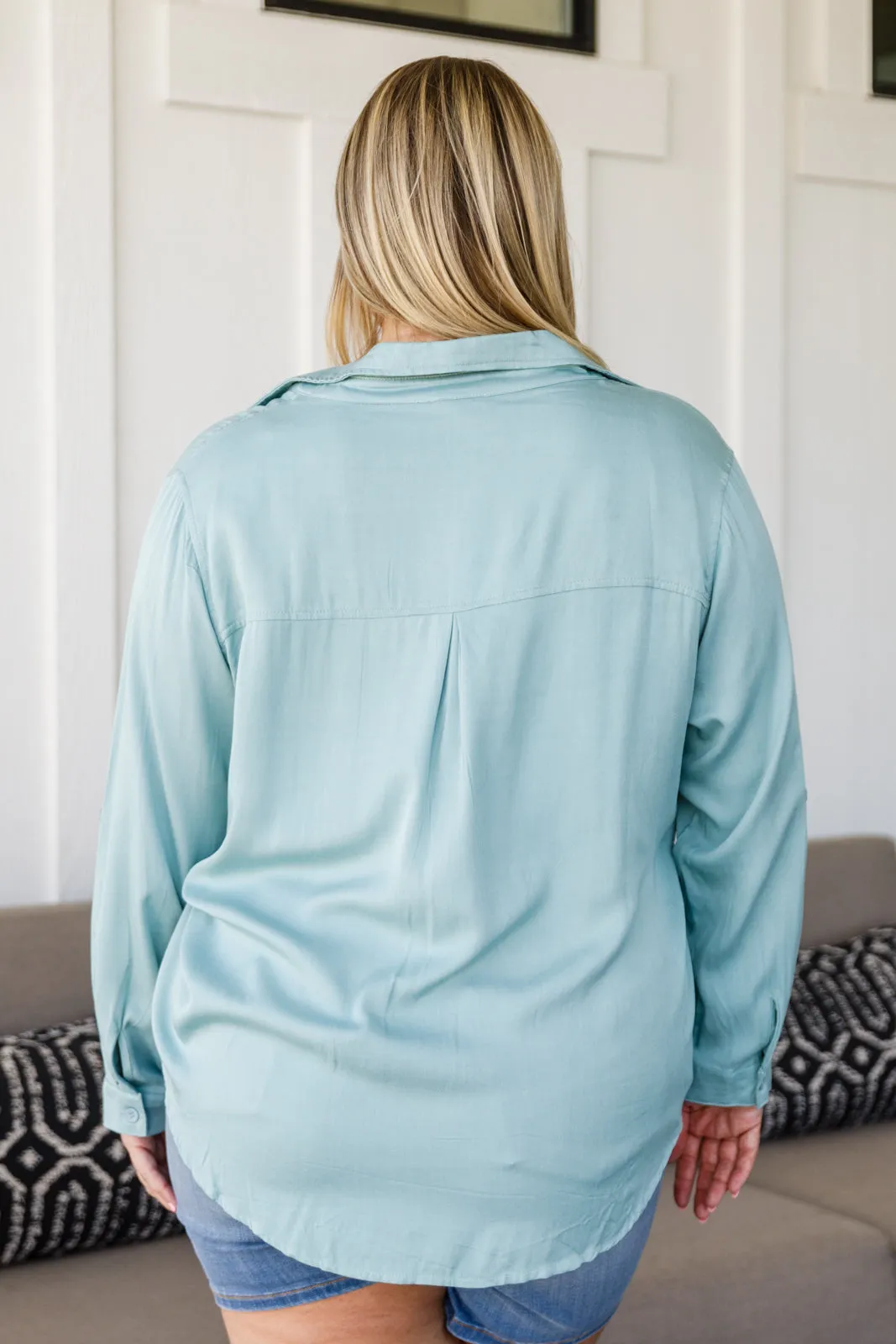 Button Up Roll Tab Sleeves Light Blue/Green Blouse by 143 STORY