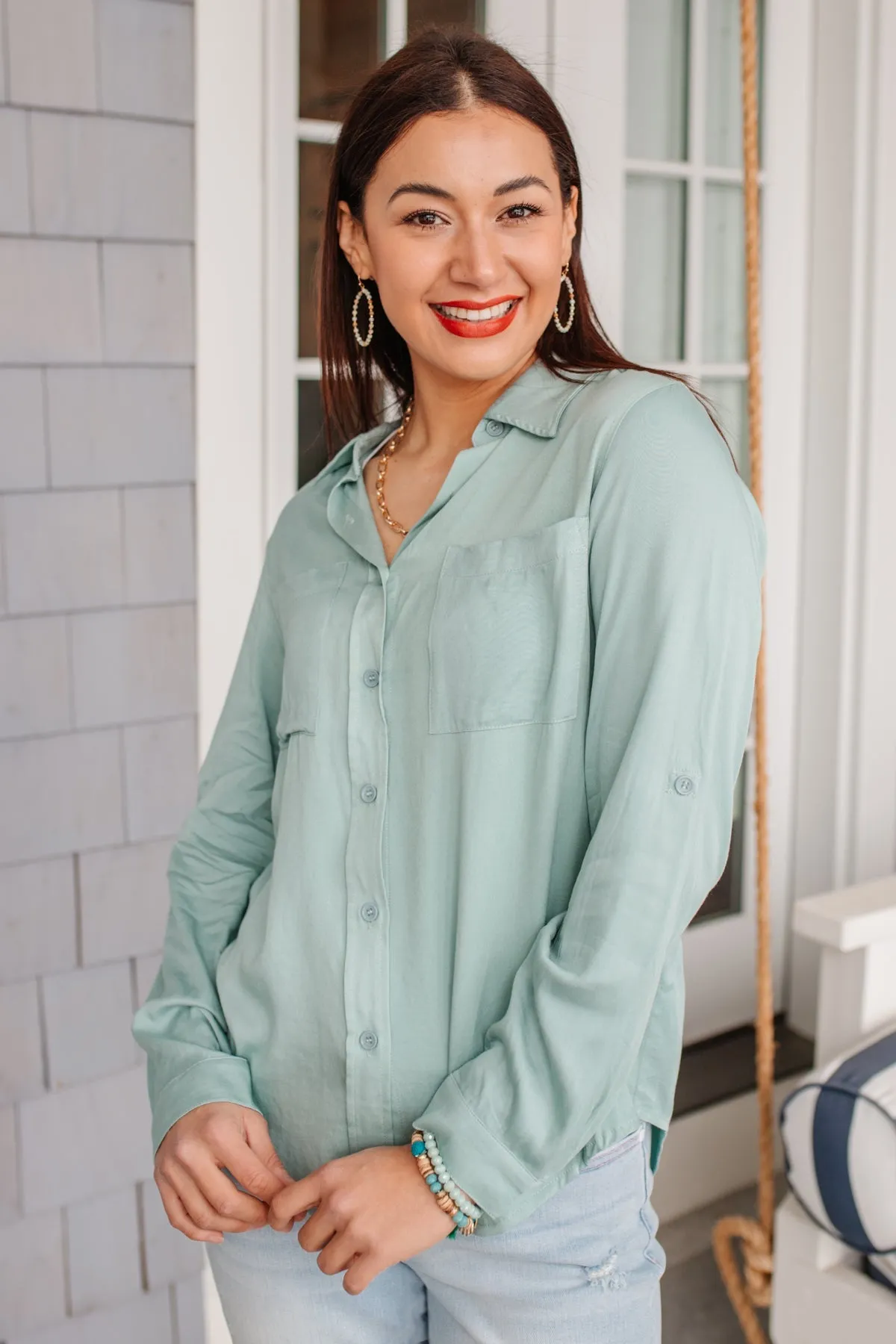 Button Up Roll Tab Sleeves Light Blue/Green Blouse by 143 STORY
