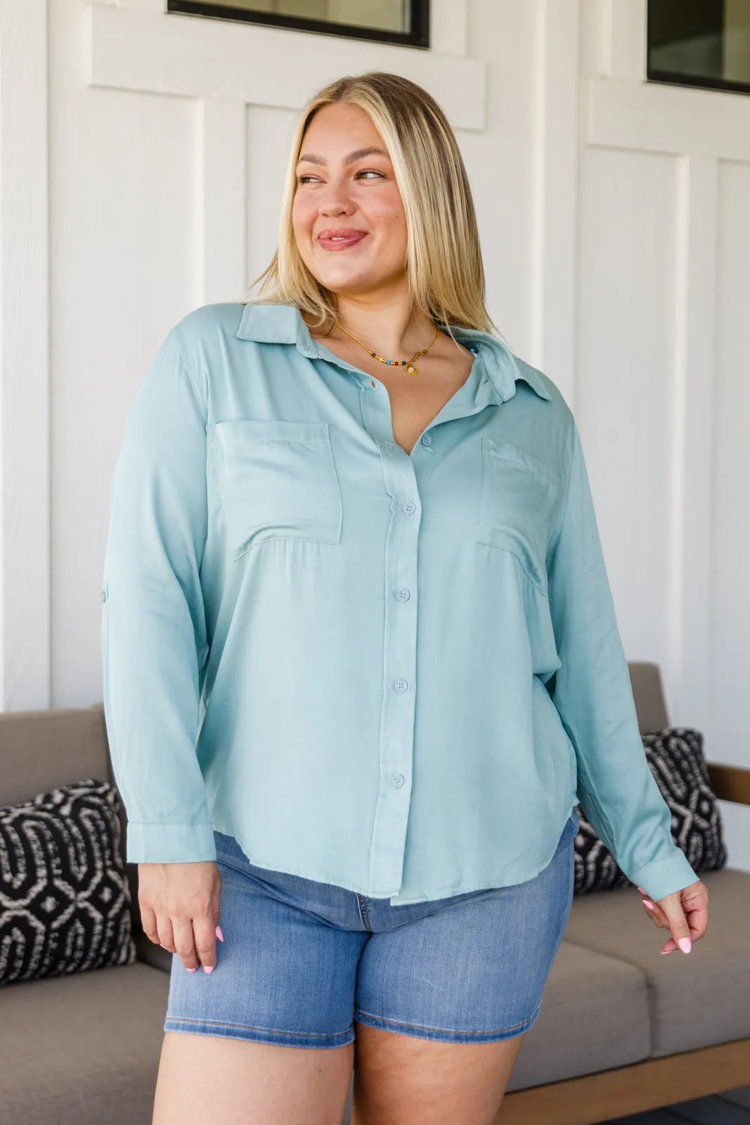 Button Up Roll Tab Sleeves Light Blue/Green Blouse by 143 STORY