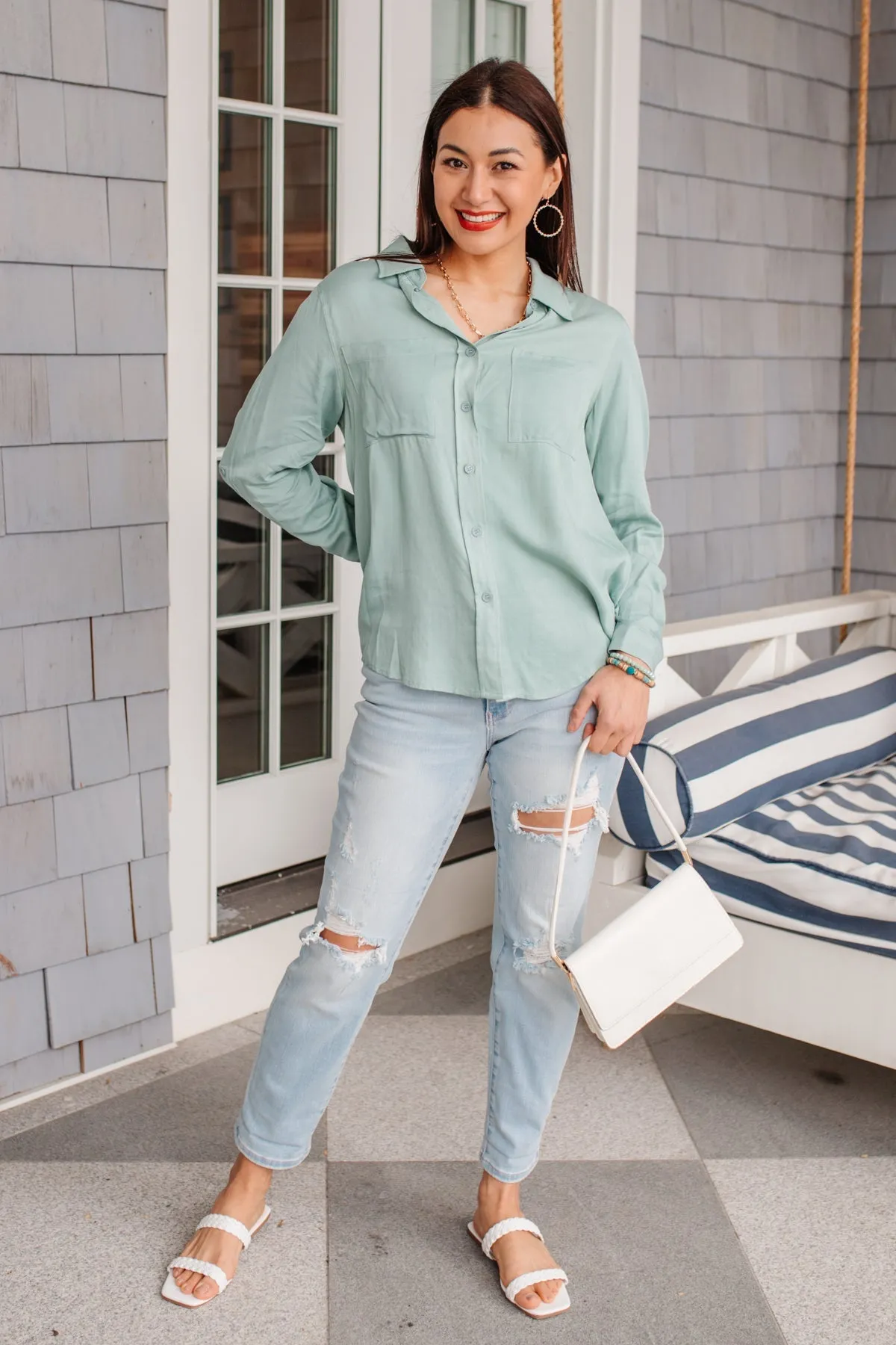 Button Up Roll Tab Sleeves Light Blue/Green Blouse by 143 STORY