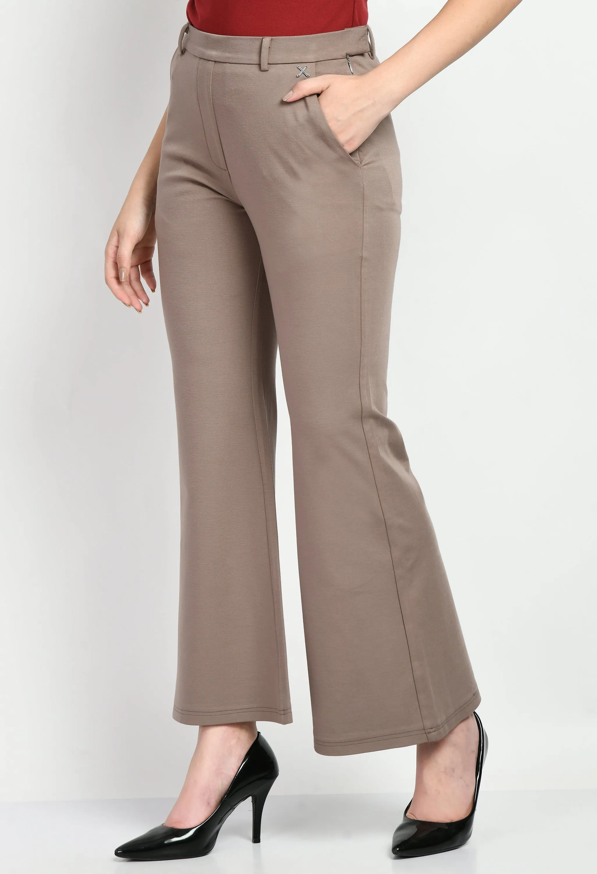 Camel Beige Cotton Blend Solid Stretch Bootcut Trouser Only