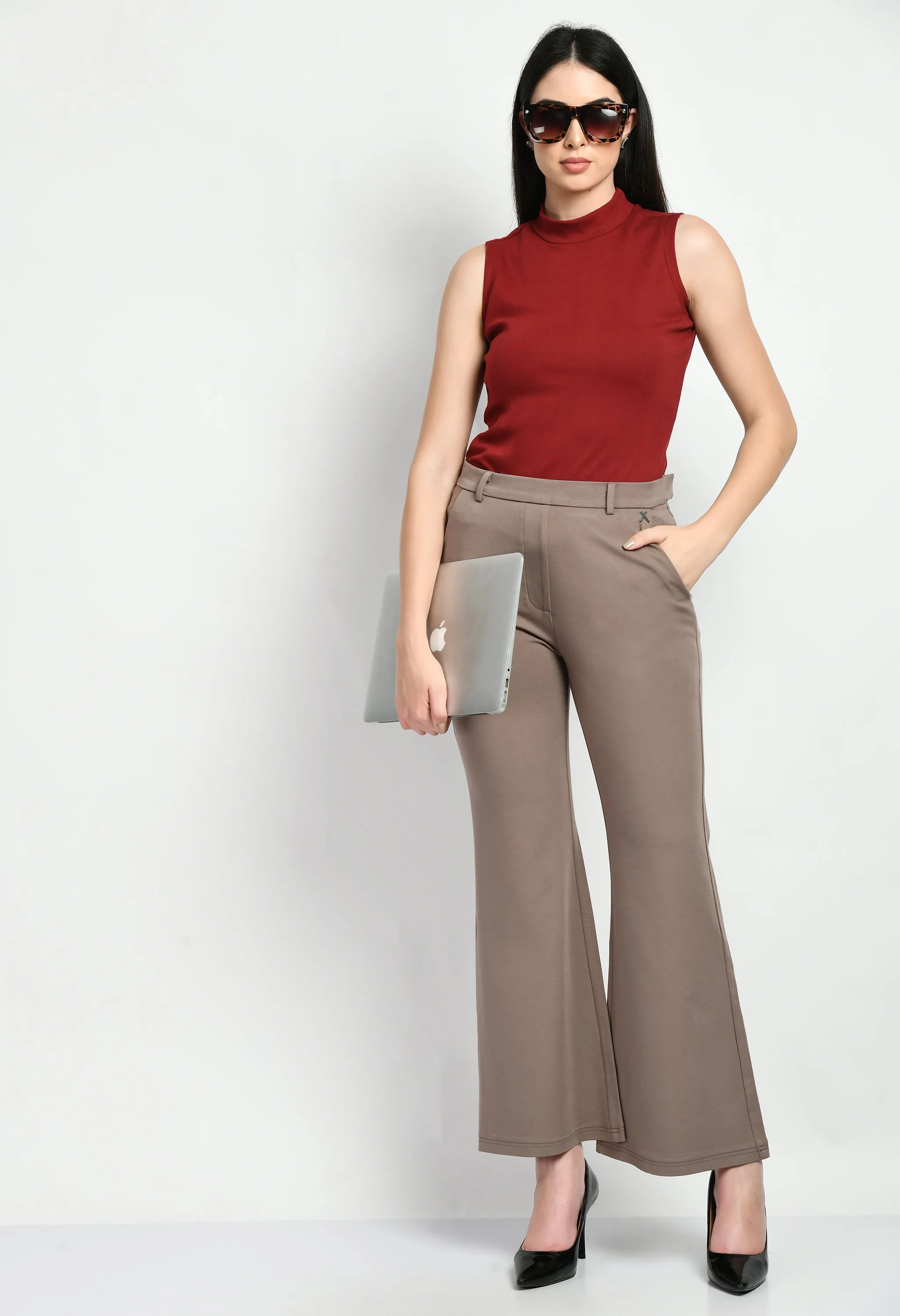 Camel Beige Cotton Blend Solid Stretch Bootcut Trouser Only