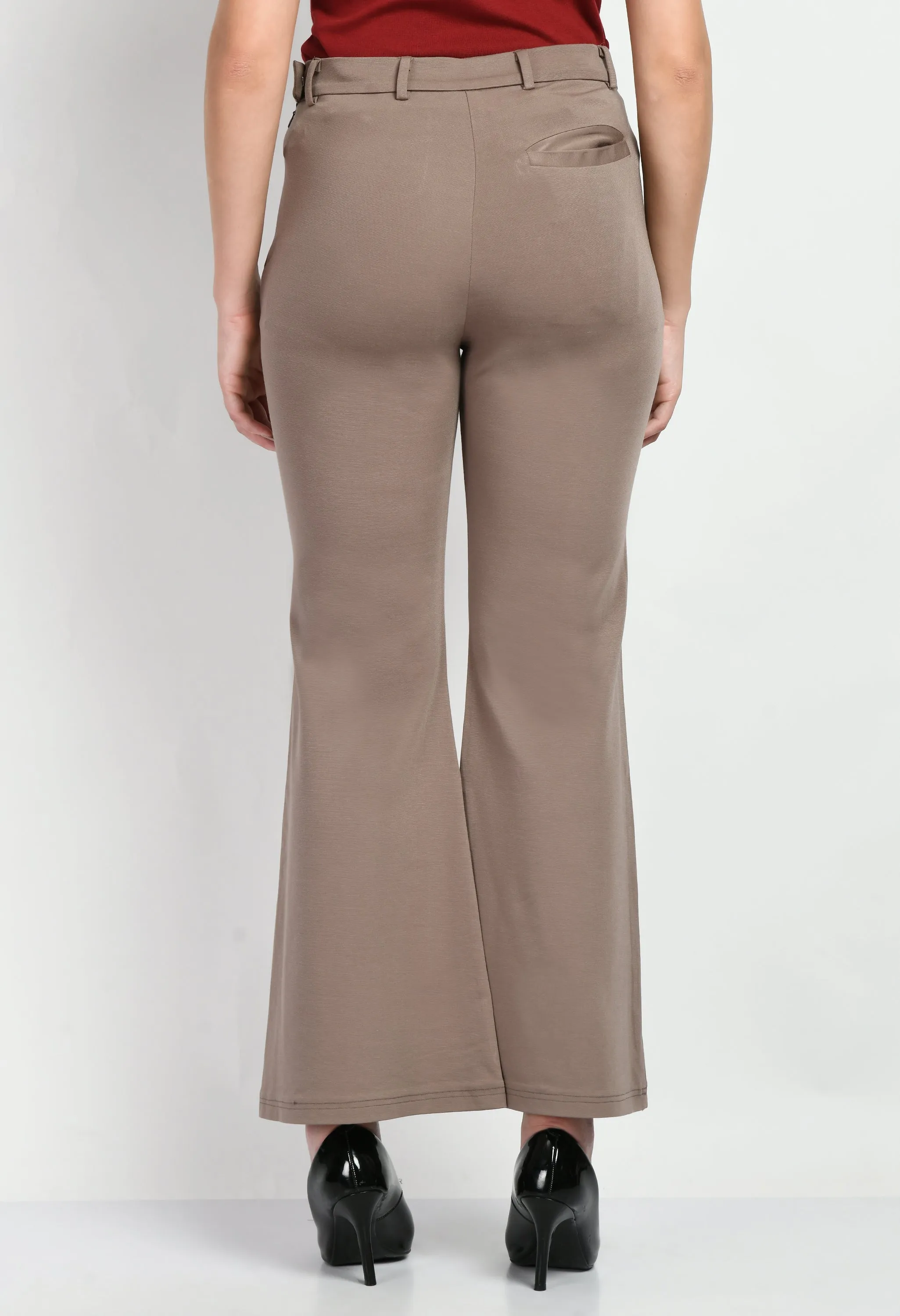 Camel Beige Cotton Blend Solid Stretch Bootcut Trouser Only