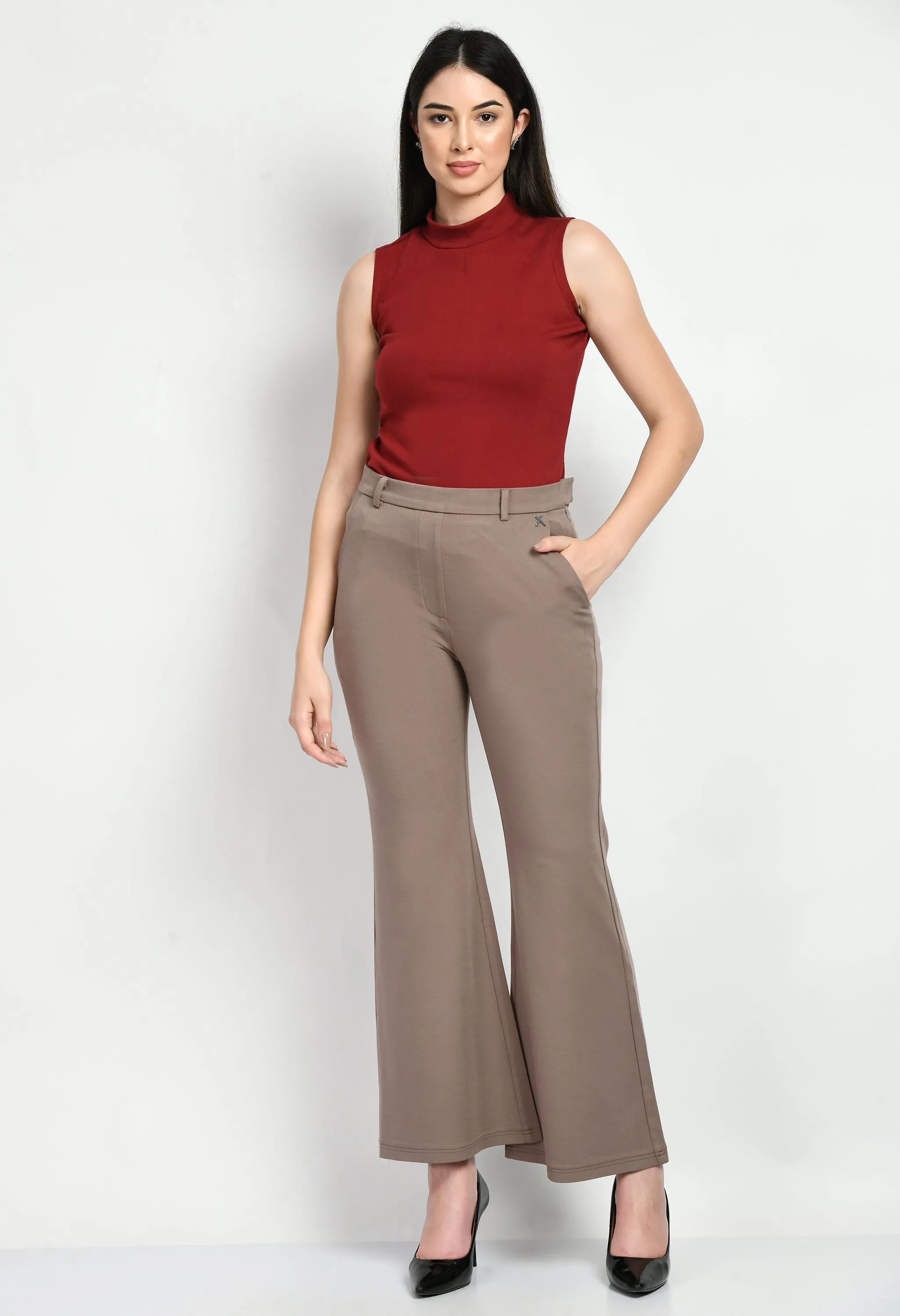 Camel Beige Cotton Blend Solid Stretch Bootcut Trouser Only