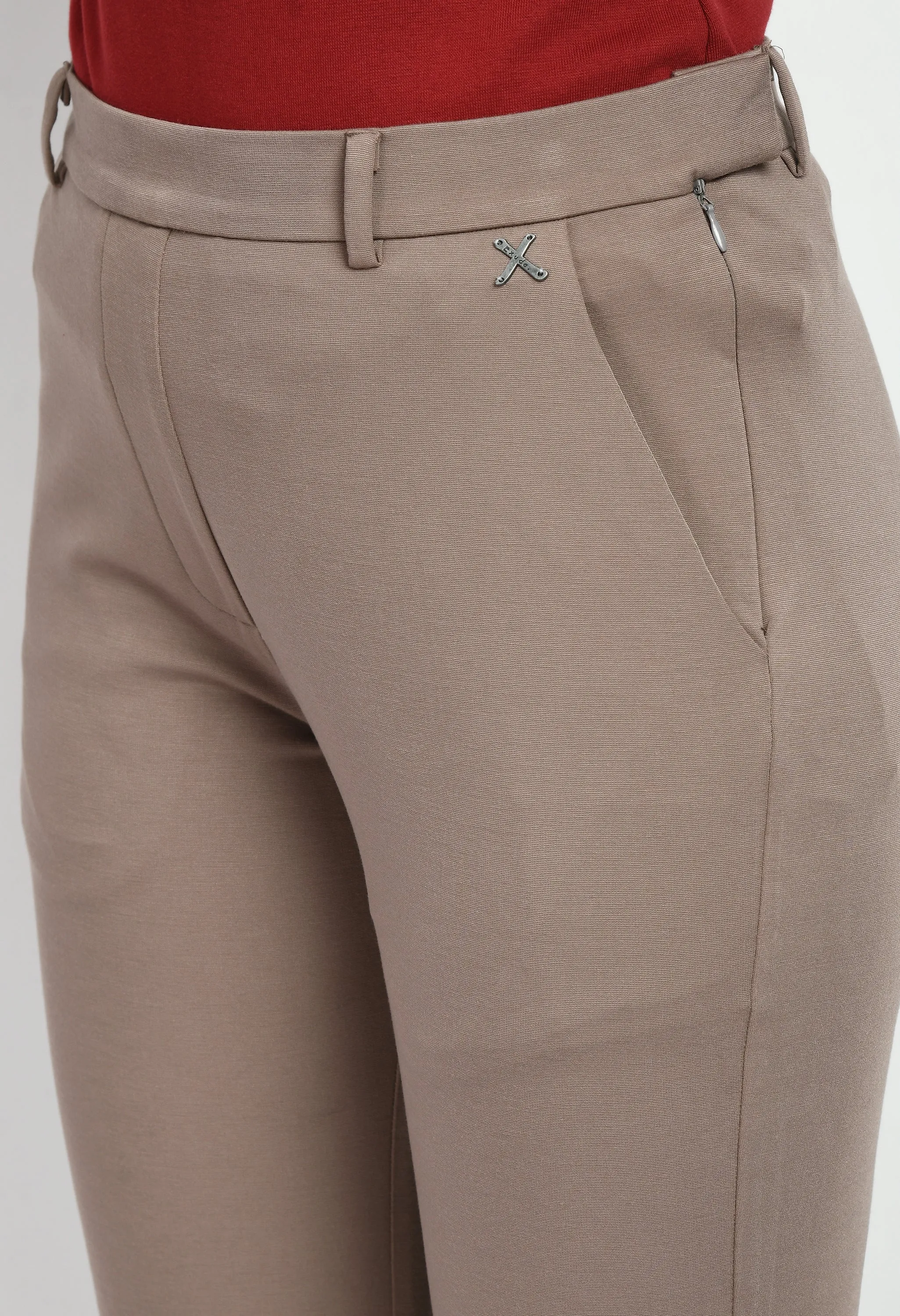 Camel Beige Cotton Blend Solid Stretch Bootcut Trouser Only