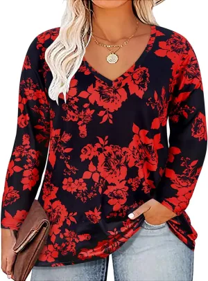 CARCOS Womens Plus Size Tops Long Sleeve Shirts V Neck Tunic Floral Blouses XL-5X