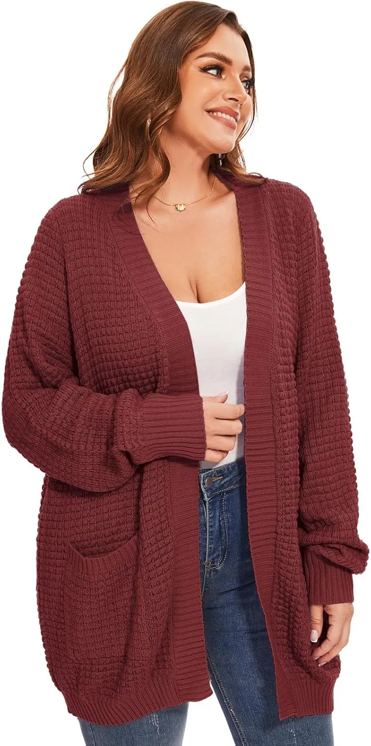 Cardigan Sweaters for Women Plus Size Waffle Knit Long Sleeve Womens Fall Open Front Sweaters Tops with Pockets