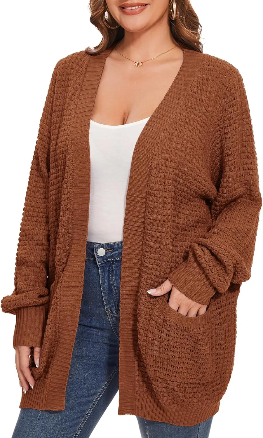 Cardigan Sweaters for Women Plus Size Waffle Knit Long Sleeve Womens Fall Open Front Sweaters Tops with Pockets