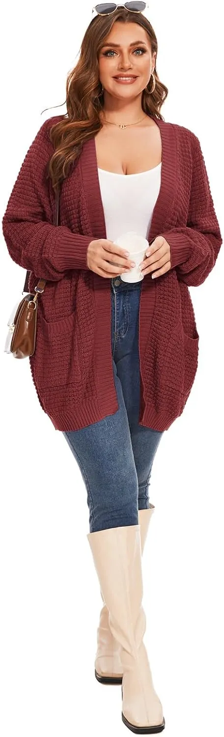 Cardigan Sweaters for Women Plus Size Waffle Knit Long Sleeve Womens Fall Open Front Sweaters Tops with Pockets