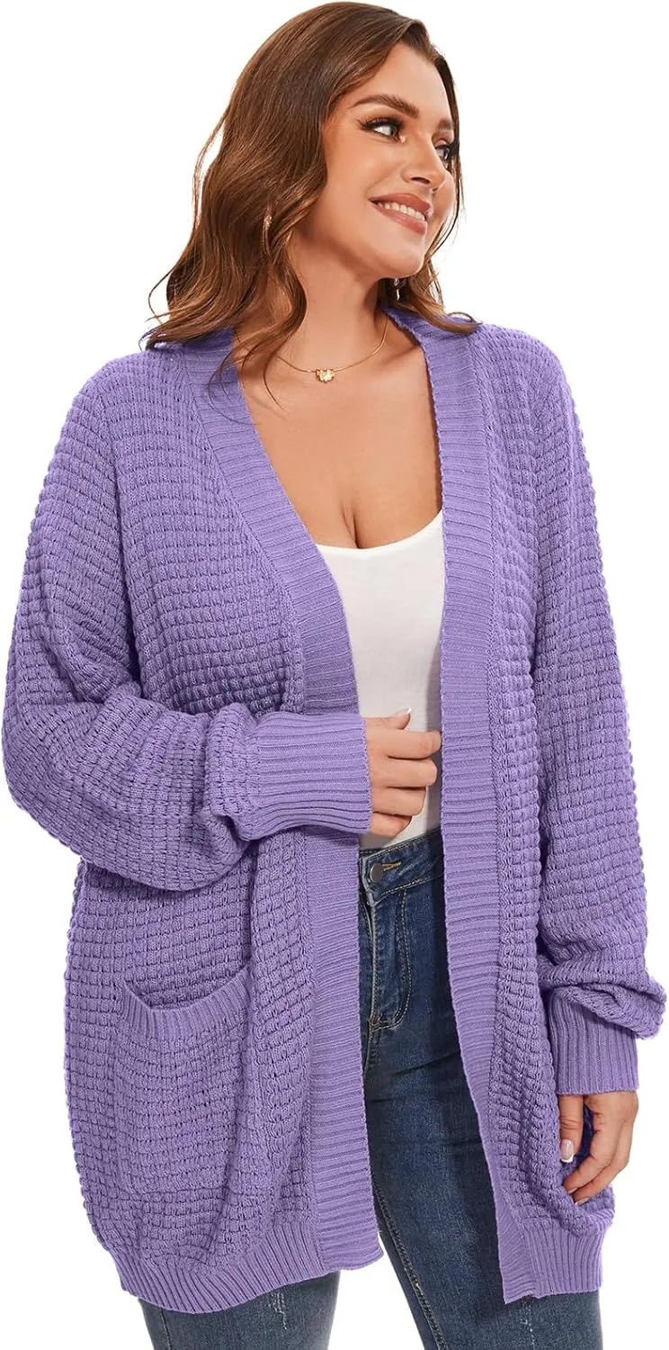 Cardigan Sweaters for Women Plus Size Waffle Knit Long Sleeve Womens Fall Open Front Sweaters Tops with Pockets