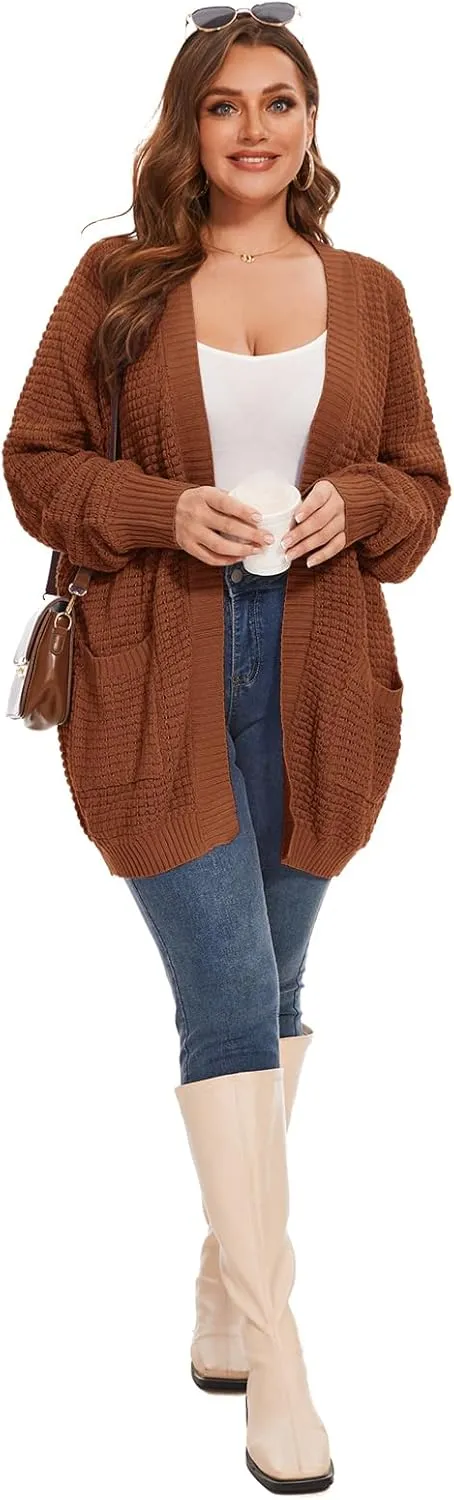 Cardigan Sweaters for Women Plus Size Waffle Knit Long Sleeve Womens Fall Open Front Sweaters Tops with Pockets