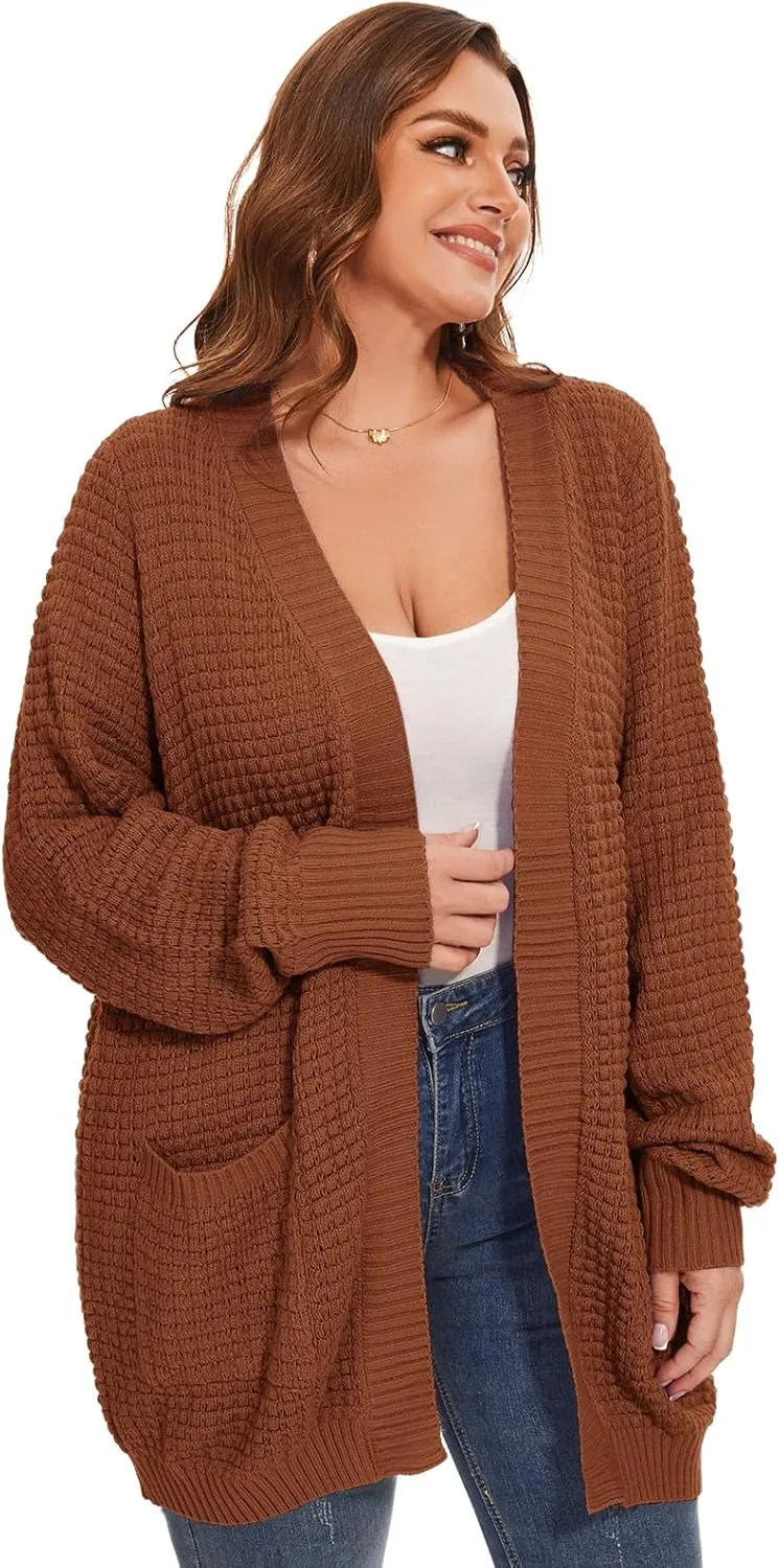 Cardigan Sweaters for Women Plus Size Waffle Knit Long Sleeve Womens Fall Open Front Sweaters Tops with Pockets