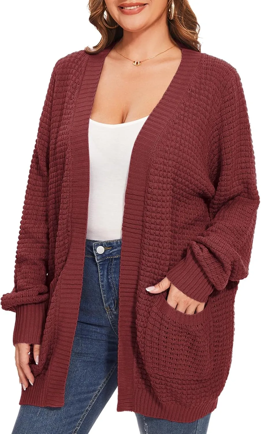 Cardigan Sweaters for Women Plus Size Waffle Knit Long Sleeve Womens Fall Open Front Sweaters Tops with Pockets