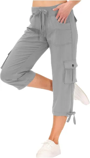 Cargo Capri Pants for Women High Waisted Relaxed Fit Elastic Waist Casual Capris Summer Cropped Pants Hiking Trousers