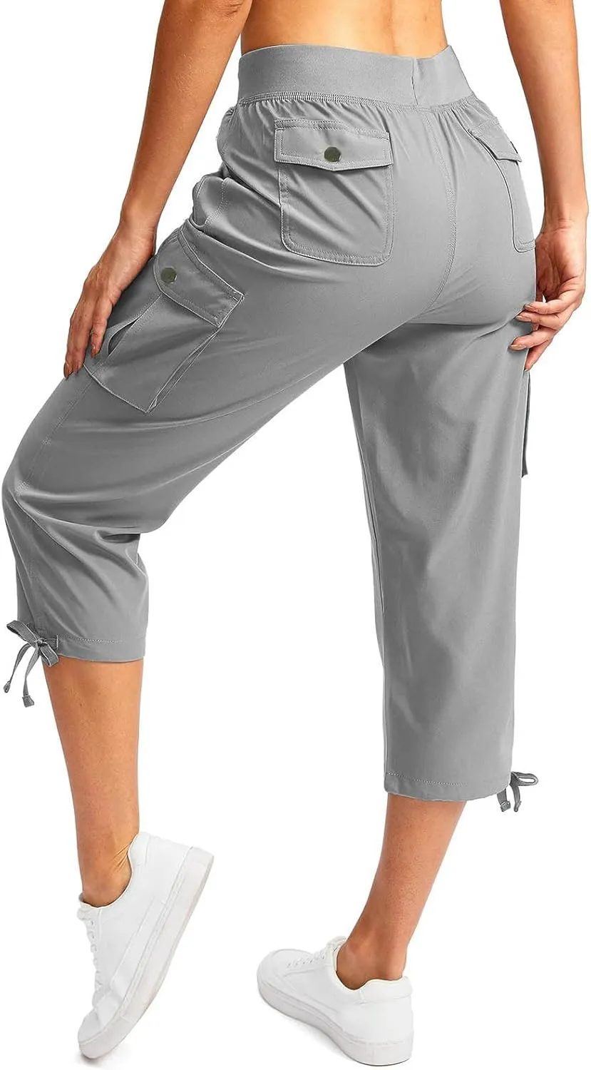 Cargo Capri Pants for Women High Waisted Relaxed Fit Elastic Waist Casual Capris Summer Cropped Pants Hiking Trousers
