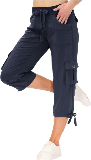 Cargo Capri Pants for Women High Waisted Relaxed Fit Elastic Waist Casual Capris Summer Cropped Pants Hiking Trousers