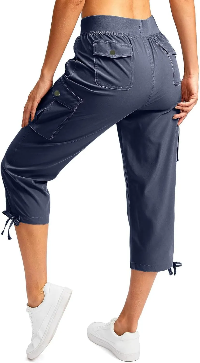 Cargo Capri Pants for Women High Waisted Relaxed Fit Elastic Waist Casual Capris Summer Cropped Pants Hiking Trousers