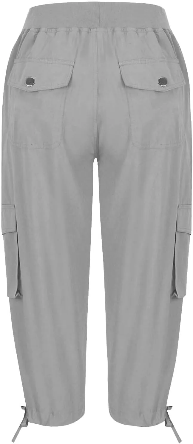 Cargo Capri Pants for Women High Waisted Relaxed Fit Elastic Waist Casual Capris Summer Cropped Pants Hiking Trousers
