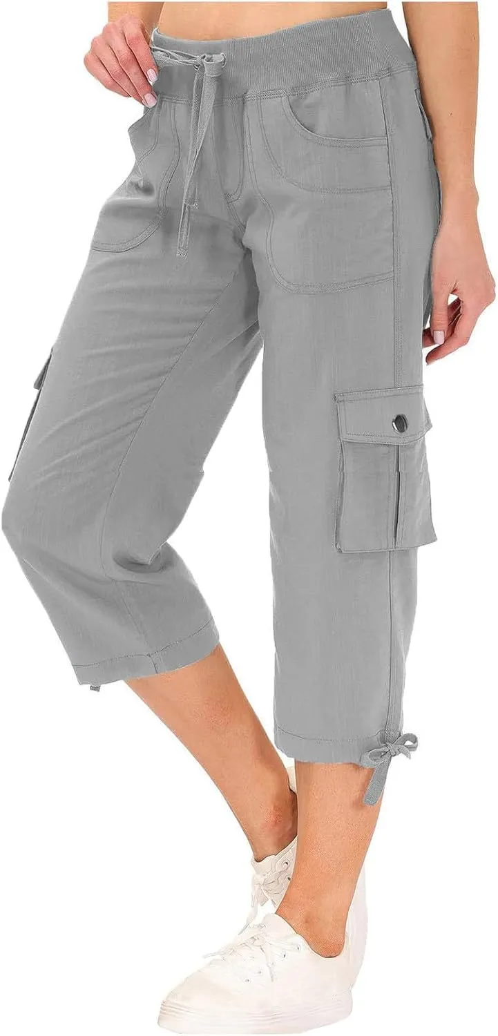 Cargo Capri Pants for Women High Waisted Relaxed Fit Elastic Waist Casual Capris Summer Cropped Pants Hiking Trousers