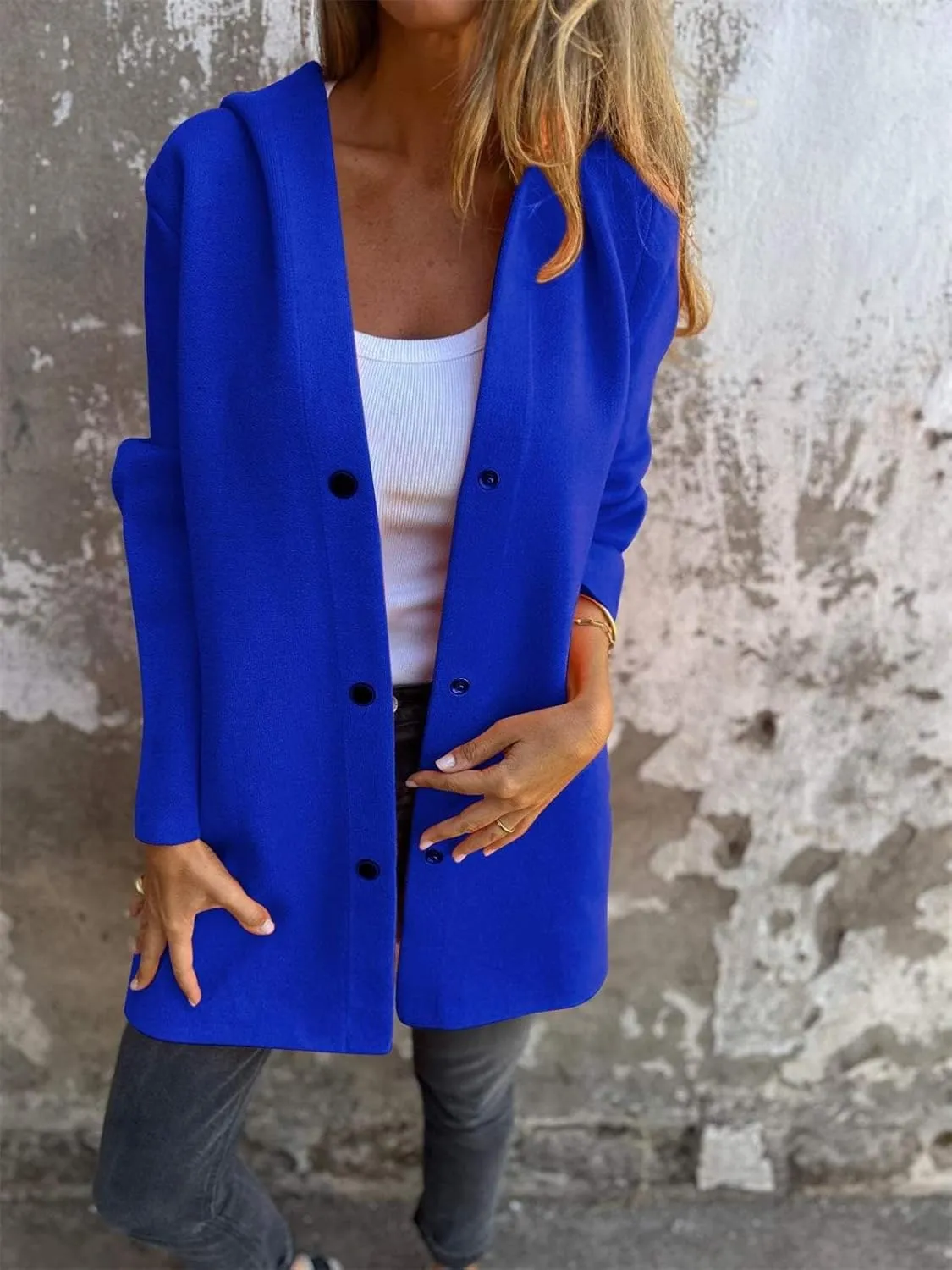 Casual Single Breasted Hooded Jacket,Lapel Neck Long Sleeve Solid Color Trench Coat for Women,Winter Button Up Long Overcoat