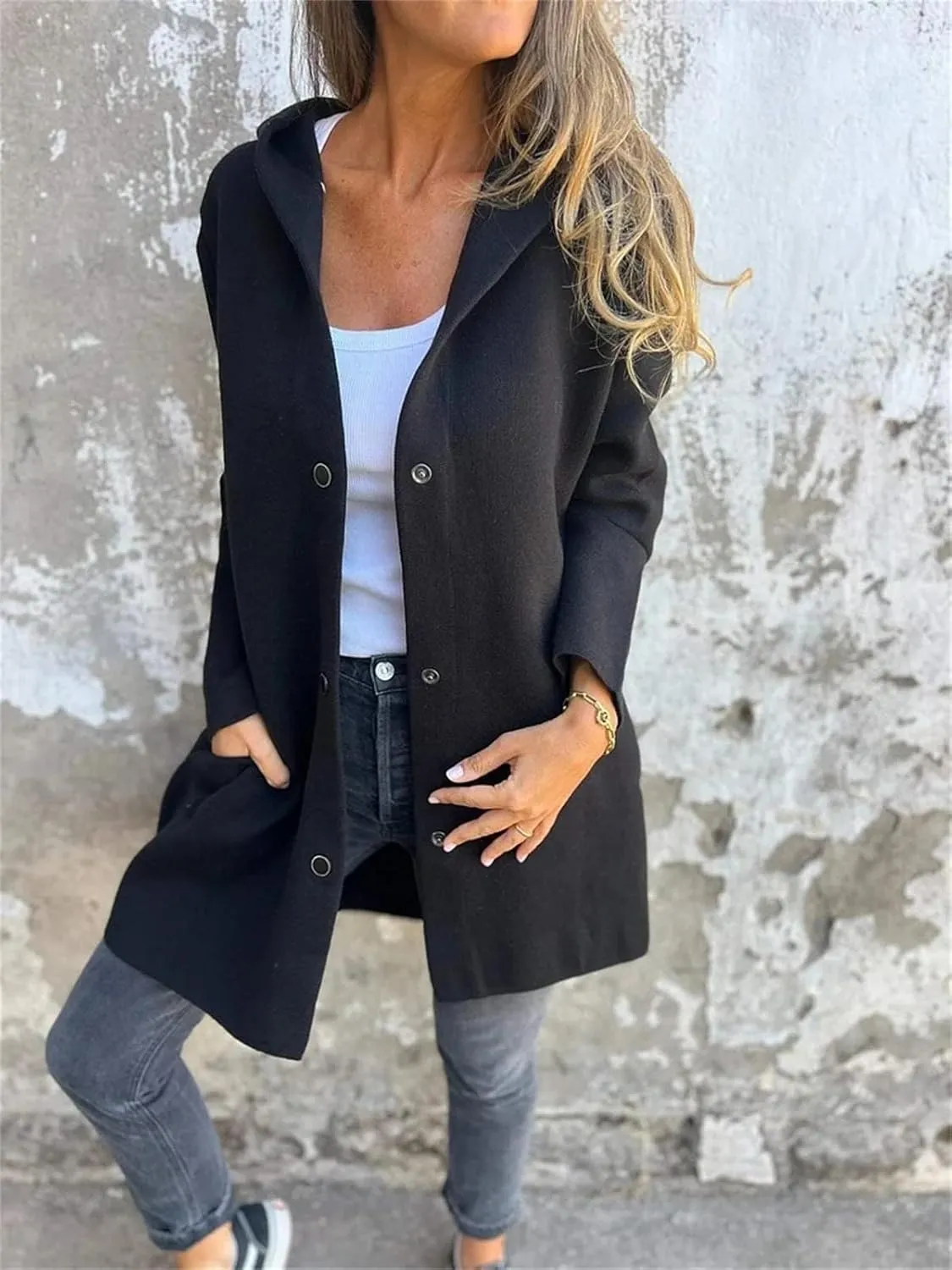 Casual Single Breasted Hooded Jacket,Lapel Neck Long Sleeve Solid Color Trench Coat for Women,Winter Button Up Long Overcoat