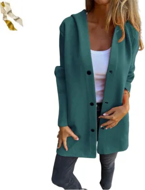 Casual Single Breasted Hooded Jacket,Lapel Neck Long Sleeve Solid Color Trench Coat for Women,Winter Button Up Long Overcoat