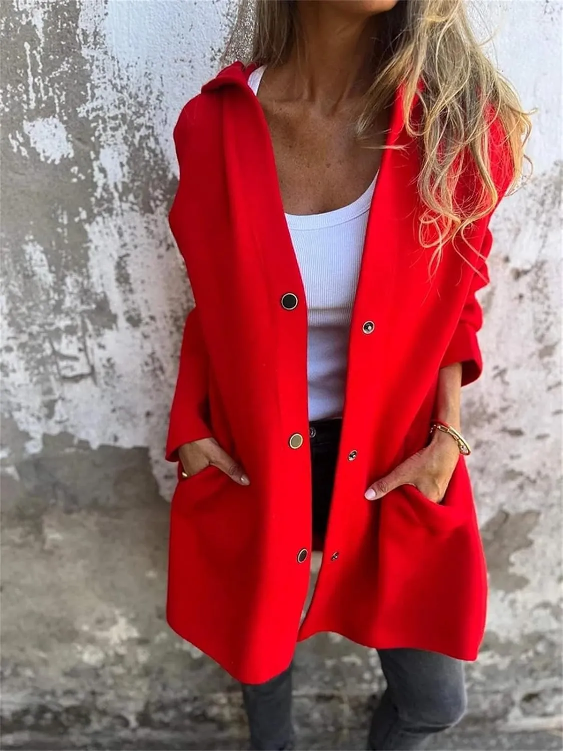 Casual Single Breasted Hooded Jacket,Lapel Neck Long Sleeve Solid Color Trench Coat for Women,Winter Button Up Long Overcoat