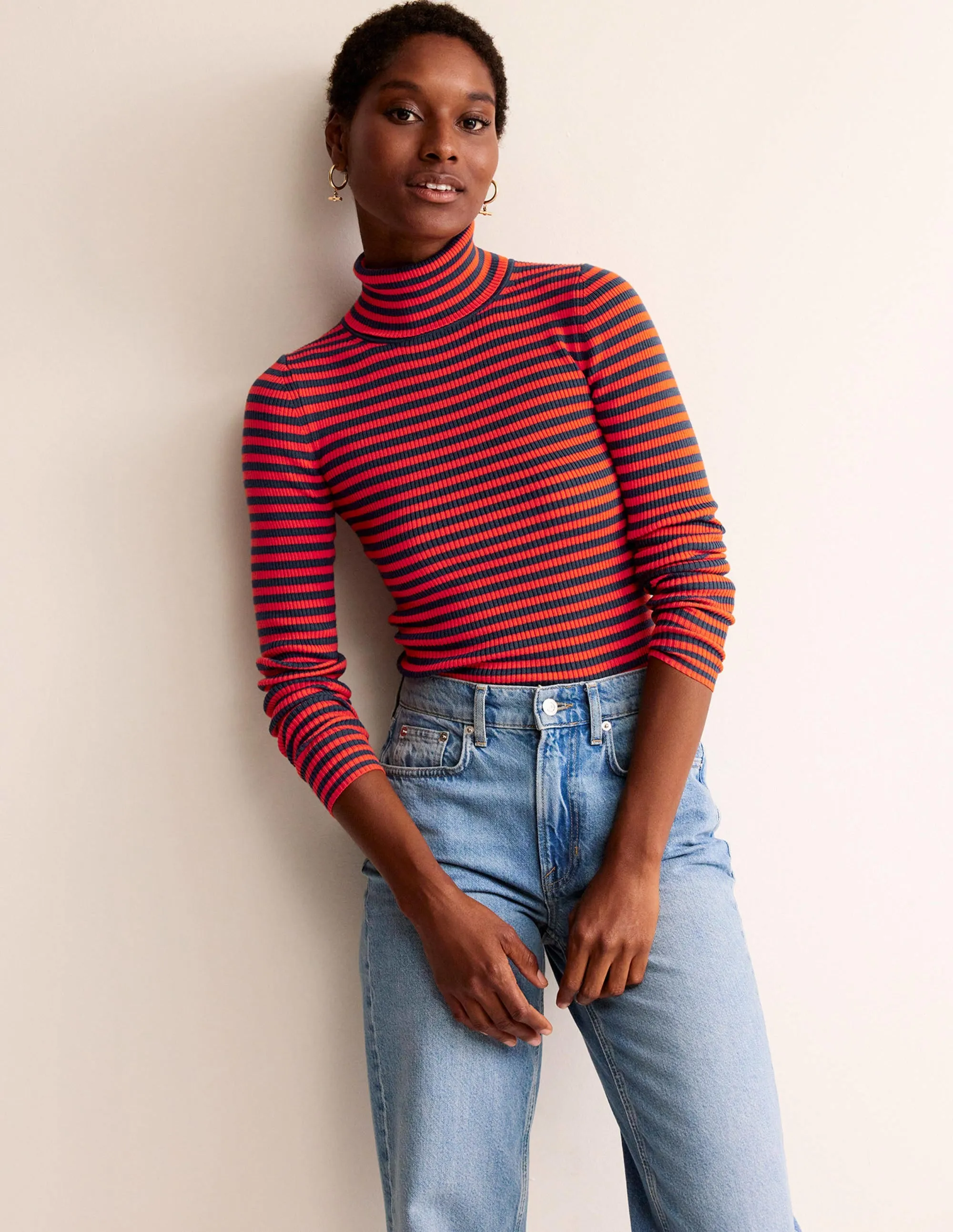 Catriona Roll Neck Jumper-French Navy / Fiesta Orange