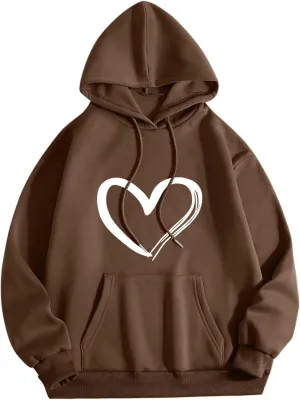 Ceboyel Women Trendy Hoodies Love Heart Print Graphic Sweatshirt Pullover Drawstring Long Sleeve Tops Cute Fall Clothes 2023