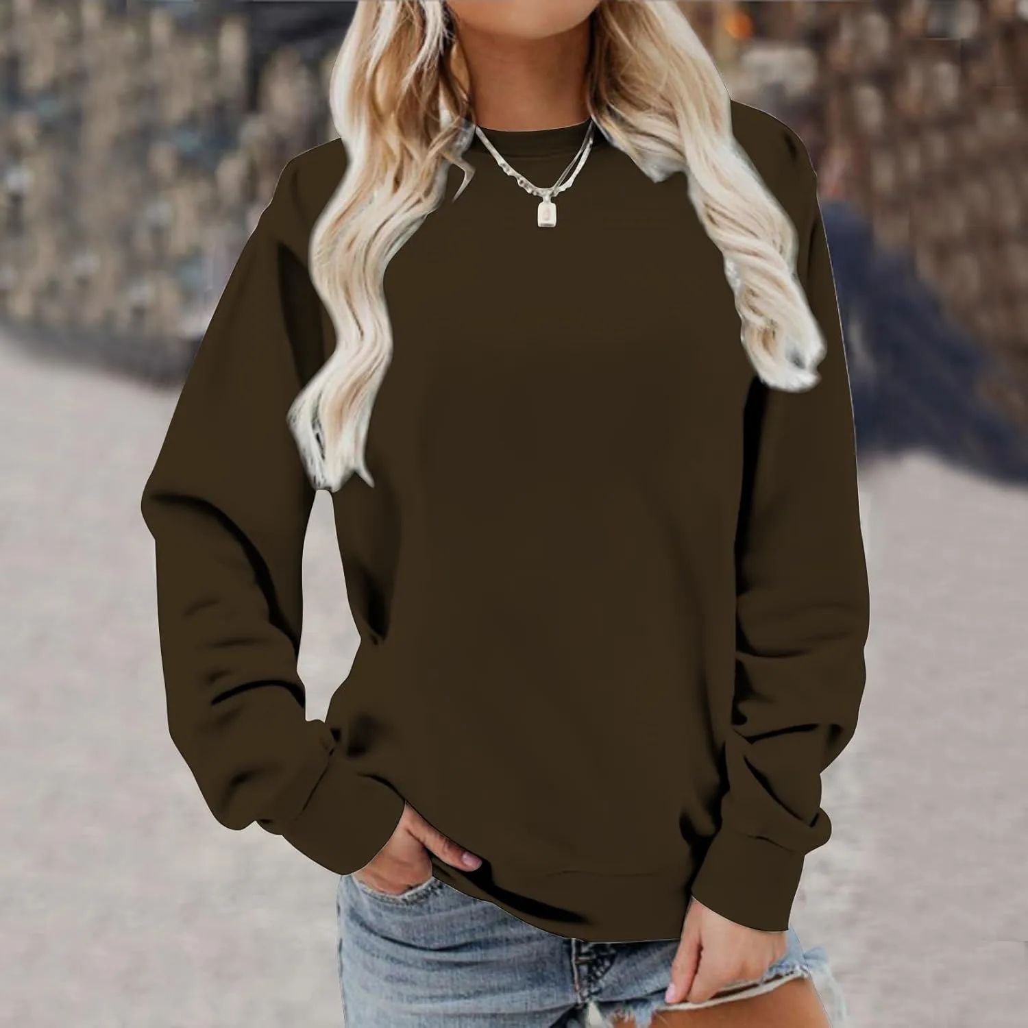 Ceboyel Womens Long Sleeve Shirts 2023 Solid Color Crew Neck Sweatshirts Loose Fit Pullover Tops Trendy Casual Fall Clothes
