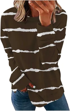 Ceboyel Womens Long Sleeve Shirts Striped Print Sweatshirt Crewneck Pullover Tops Trendy Casual Fall Clothes 2023