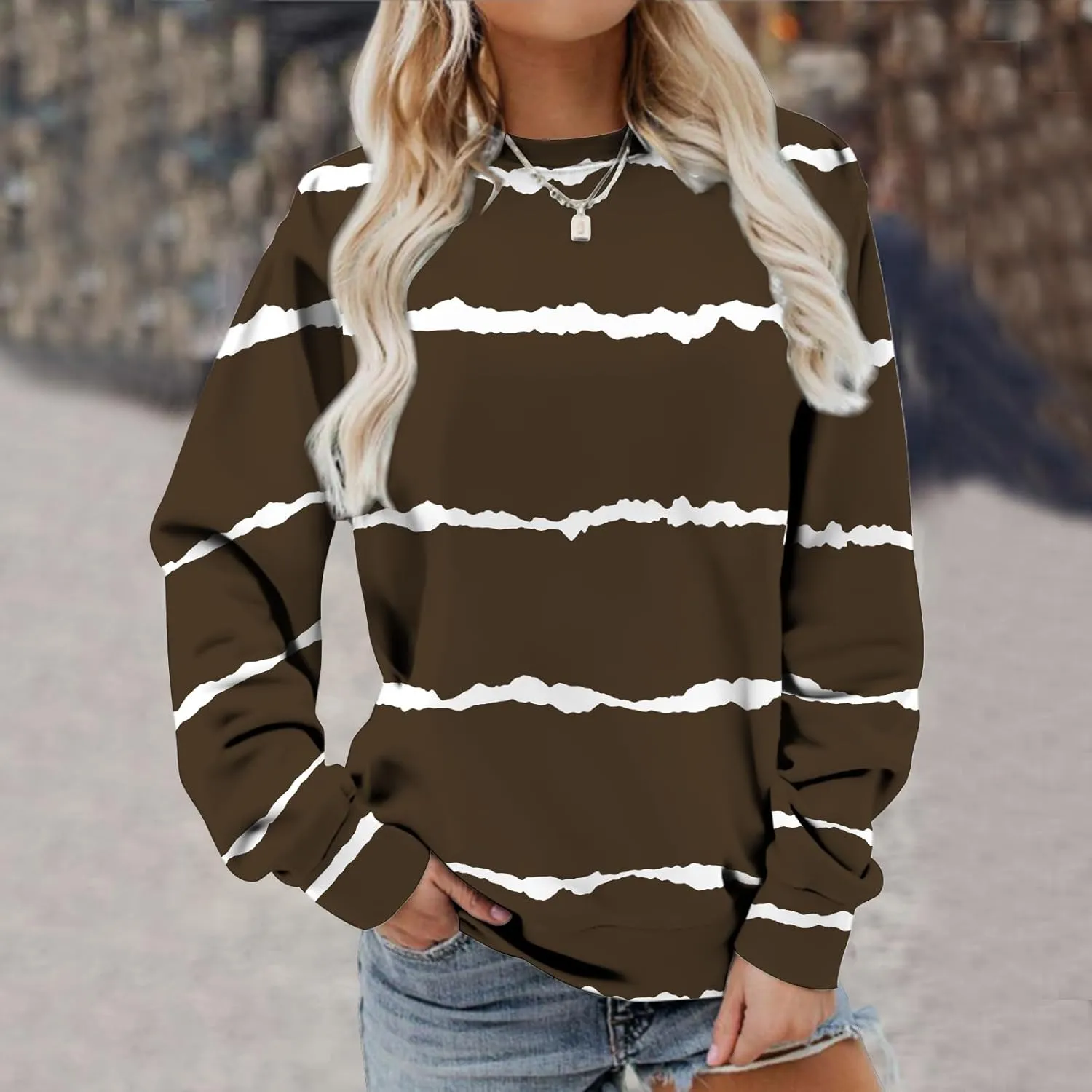 Ceboyel Womens Long Sleeve Shirts Striped Print Sweatshirt Crewneck Pullover Tops Trendy Casual Fall Clothes 2023