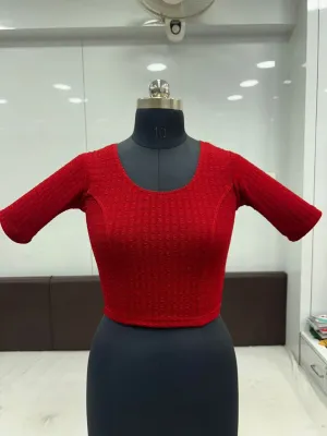 Charming Red Colored Cotton Dobby Elbow Sleeve Round Neck Blouse For Women