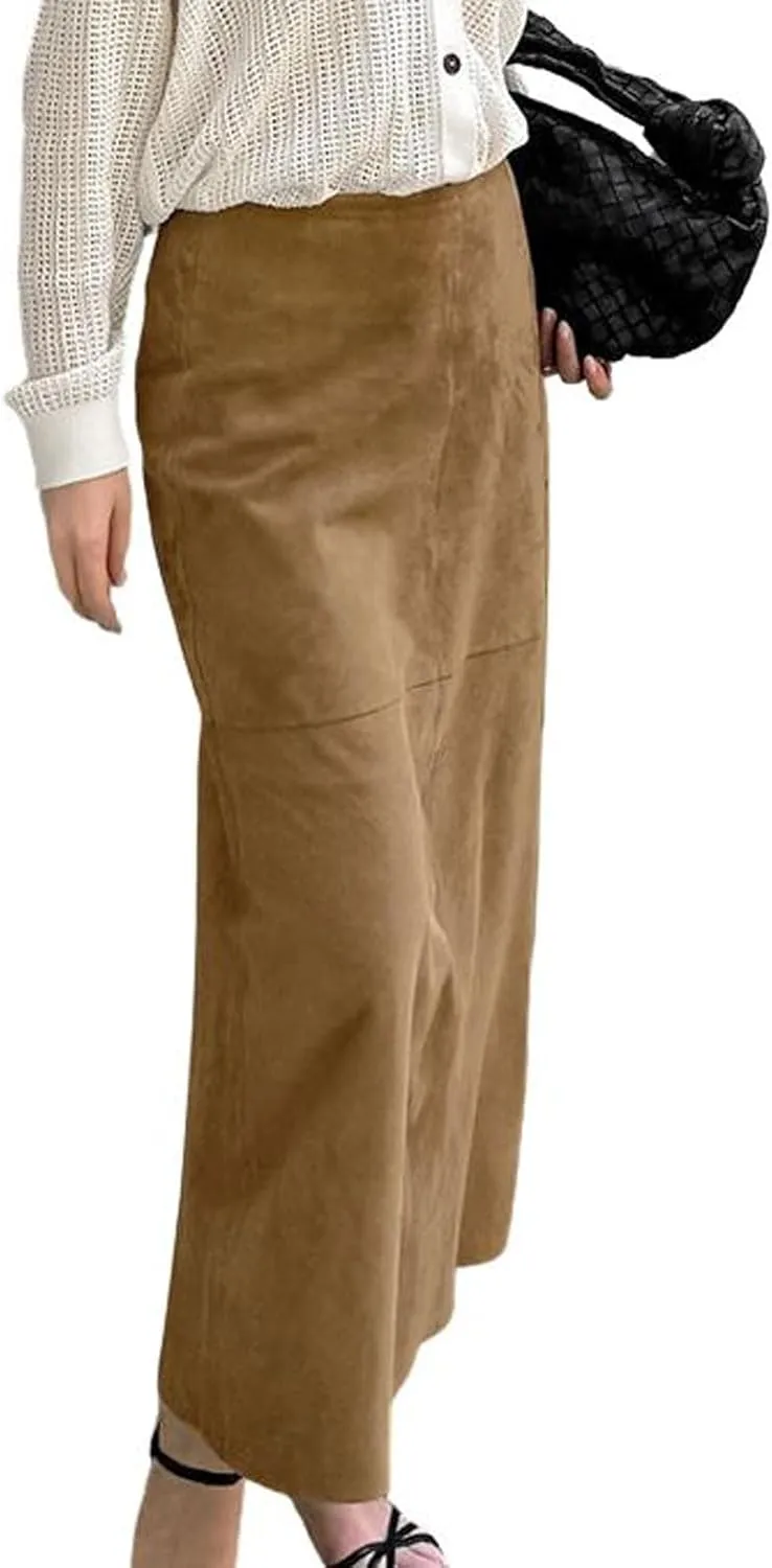 CHARTOU Women Fall Winter Elegant Faux Suede Leather Regular Fit Pencil Maxi Long Skirt