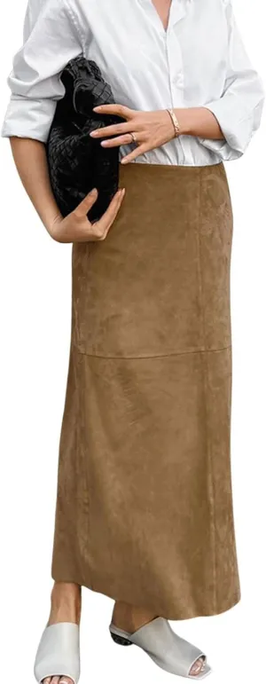 CHARTOU Women Fall Winter Elegant Faux Suede Leather Regular Fit Pencil Maxi Long Skirt