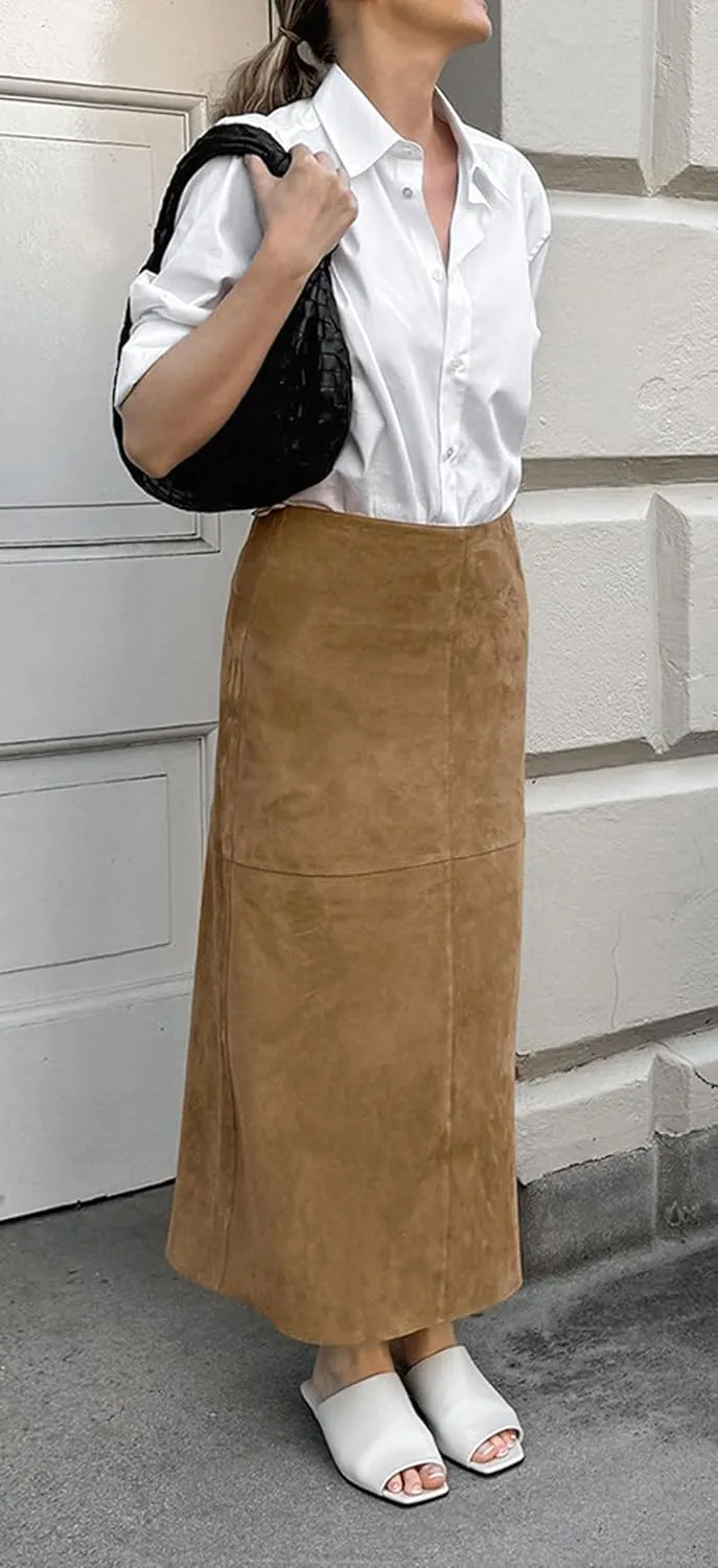 CHARTOU Women Fall Winter Elegant Faux Suede Leather Regular Fit Pencil Maxi Long Skirt