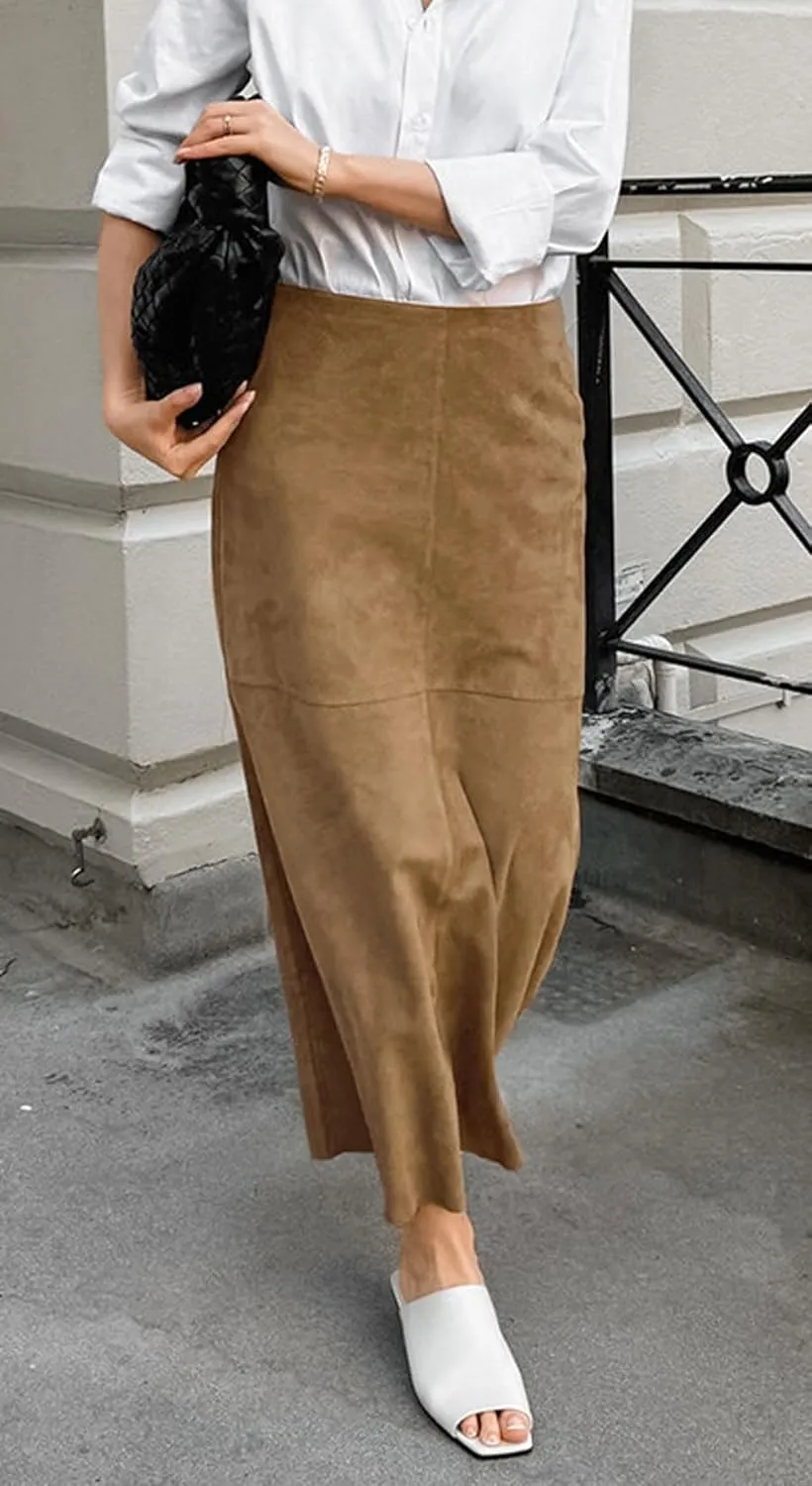 CHARTOU Women Fall Winter Elegant Faux Suede Leather Regular Fit Pencil Maxi Long Skirt