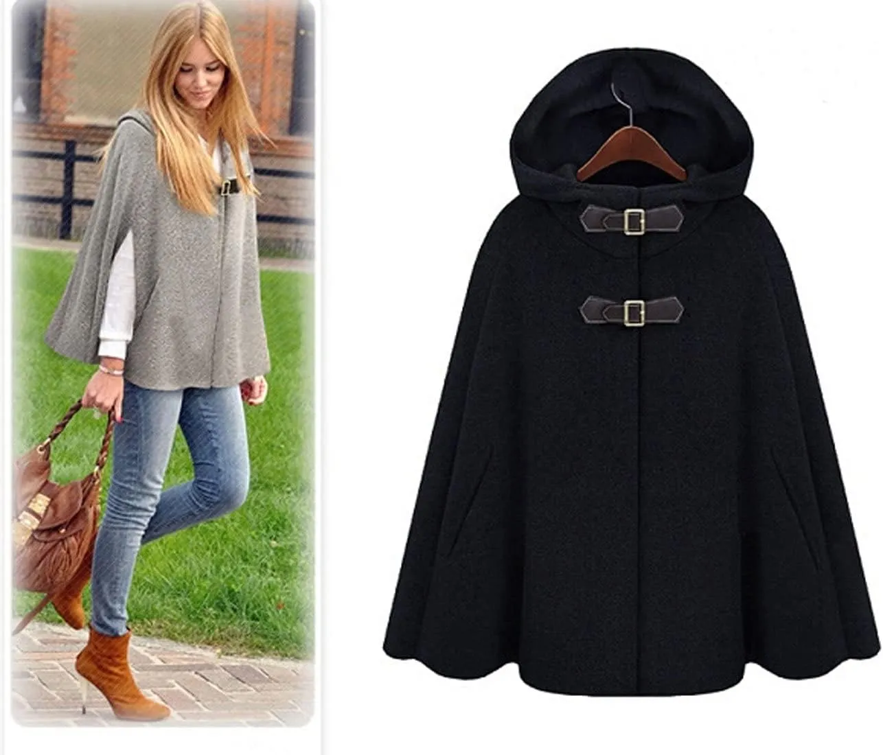 CHARTOU Women's Cute Batwing-Sleeve Hooded Wool Baggy Poncho Cape Cardigans Outwear