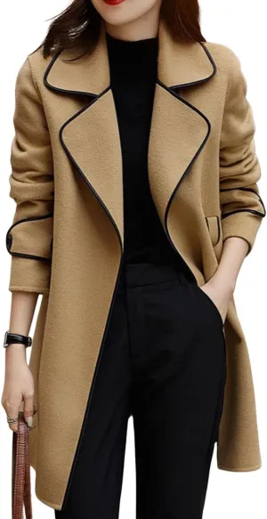 CHARTOU Women's Elegant Lapel Collar Wool Blend Midi-Long Pea Coat Jacket with Belt