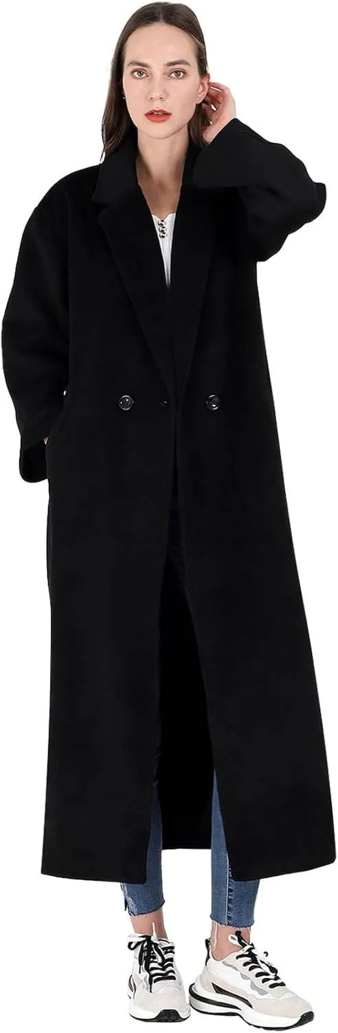CHARTOU Women's Oversized Notched Collar Wool Blend Single Breast Midi Long Trench Coat