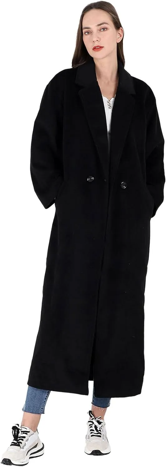 CHARTOU Women's Oversized Notched Collar Wool Blend Single Breast Midi Long Trench Coat