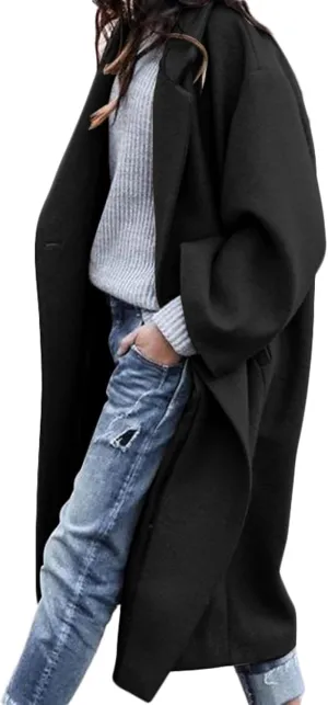 CHARTOU Women's Oversized Notched Collar Wool Blend Single Breast Midi Long Trench Coat