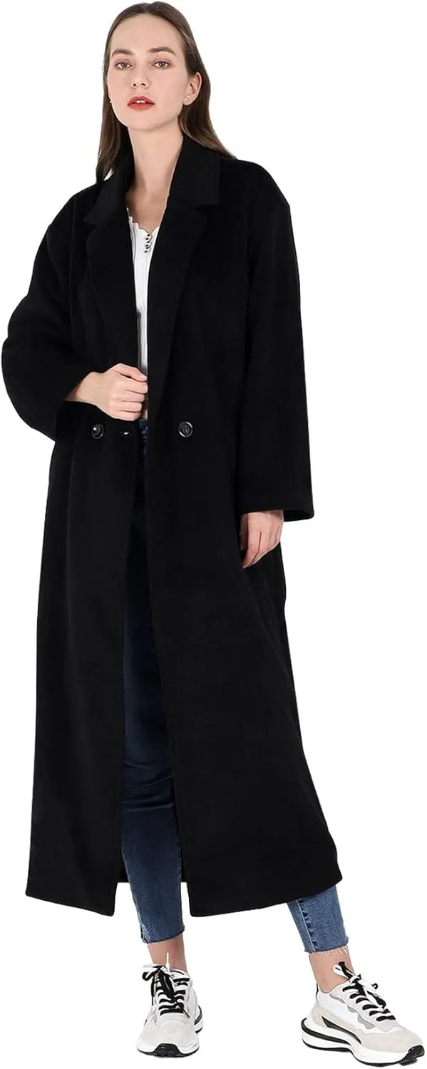 CHARTOU Women's Oversized Notched Collar Wool Blend Single Breast Midi Long Trench Coat