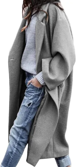 CHARTOU Women's Oversized Notched Collar Wool Blend Single Breast Midi Long Trench Coat