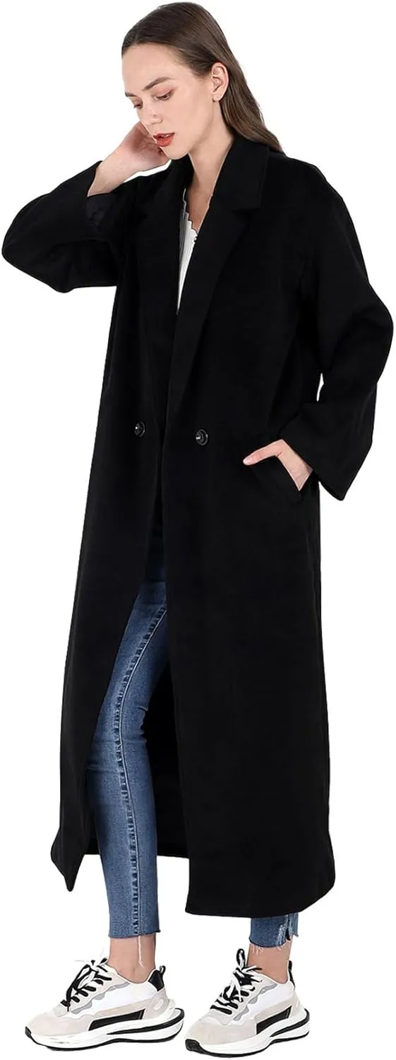 CHARTOU Women's Oversized Notched Collar Wool Blend Single Breast Midi Long Trench Coat