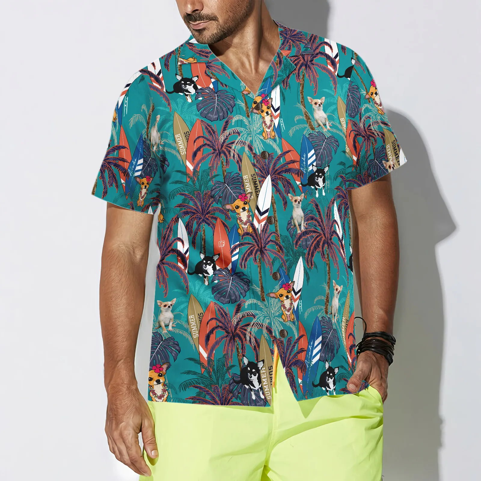 Chihuahua Surfboard And Palm Tree Hawaiian Shirt, Best Gift For Chihuahua Lover, Husband, Wife, Boyfriend, Girlfriend, Friend, Family