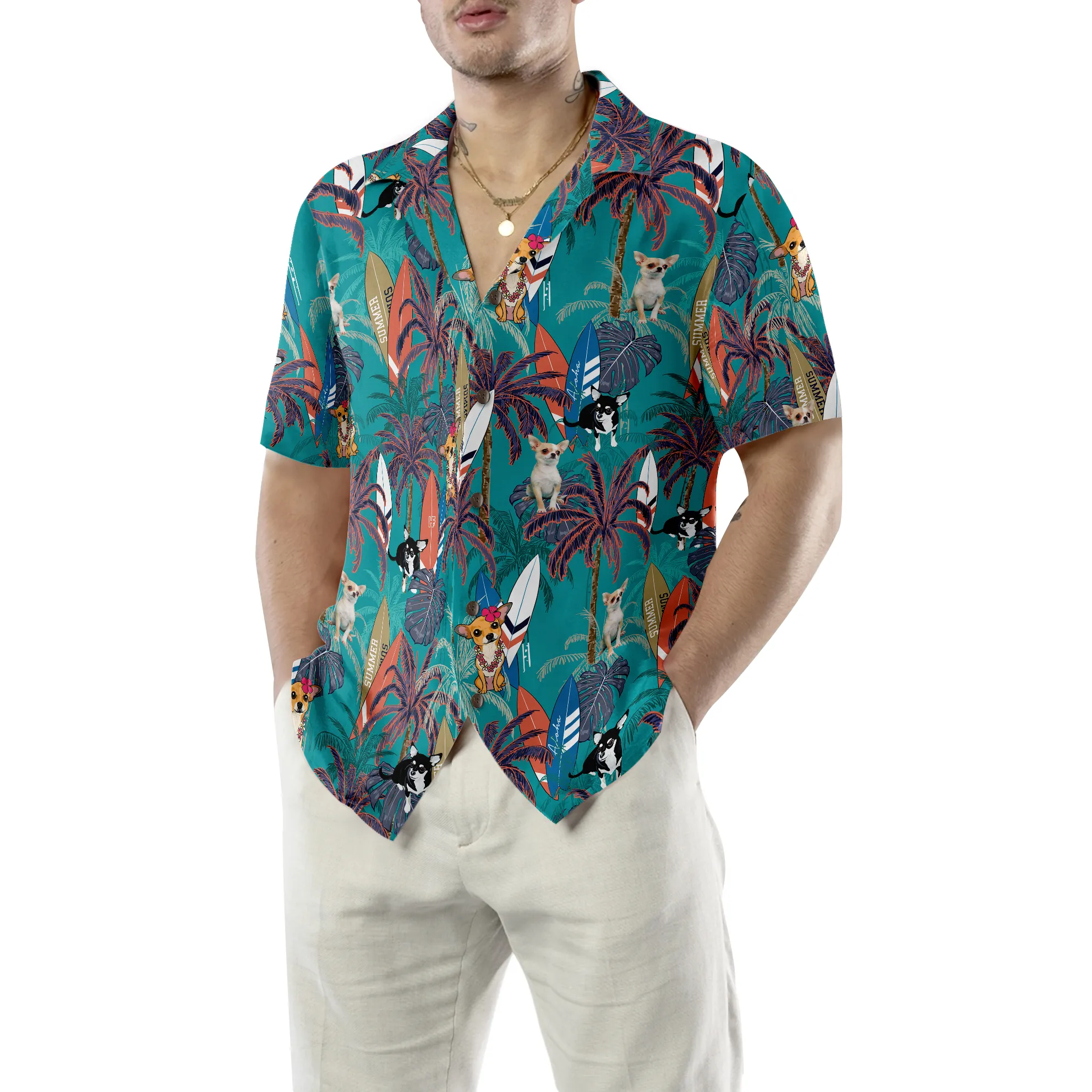 Chihuahua Surfboard And Palm Tree Hawaiian Shirt, Best Gift For Chihuahua Lover, Husband, Wife, Boyfriend, Girlfriend, Friend, Family