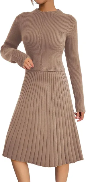 chouyatou Women's 2 Piece Outfits Long Sleeve Sweater Crop Top and Elastic Waist A-line Pleated Midi Skirt Sets
